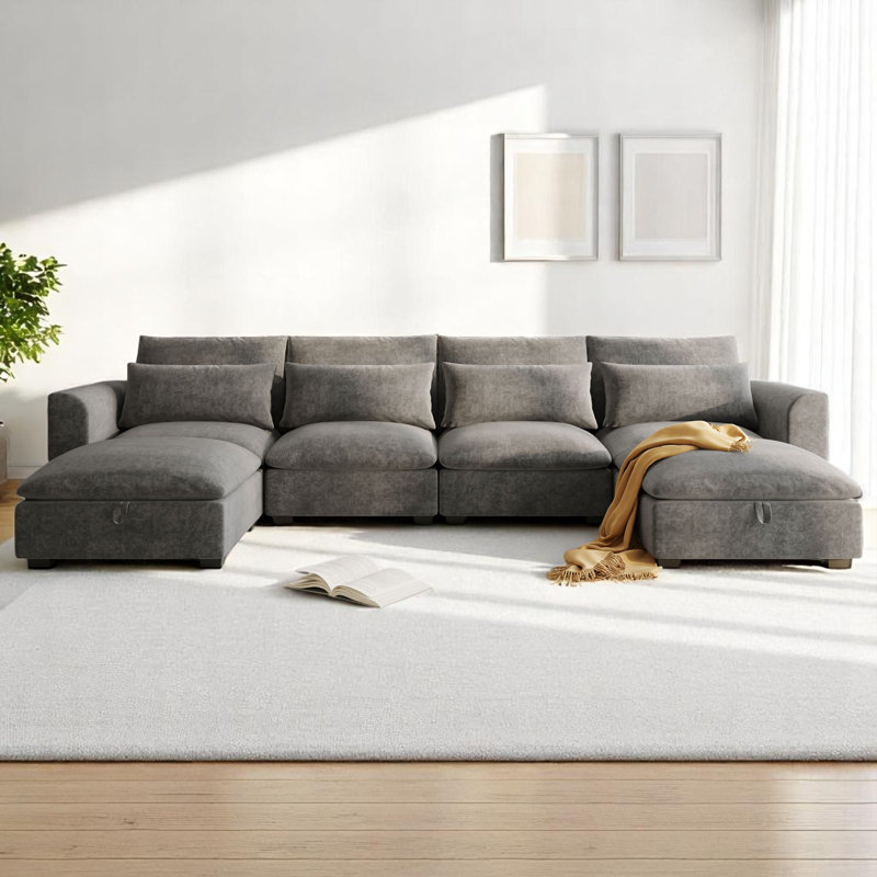 Canapé modulaire 6 pièces rembourré, Mélange de polyester / lin gris