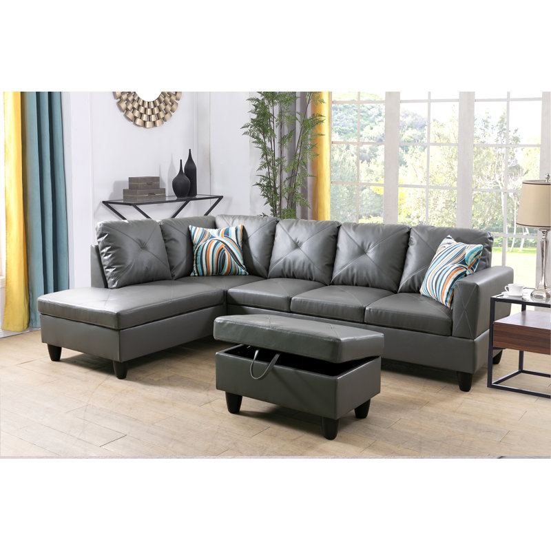 Swarey Faux Leather L-Shaped Sectional, Left Hand Facing, Elephant Gray Faux Leather