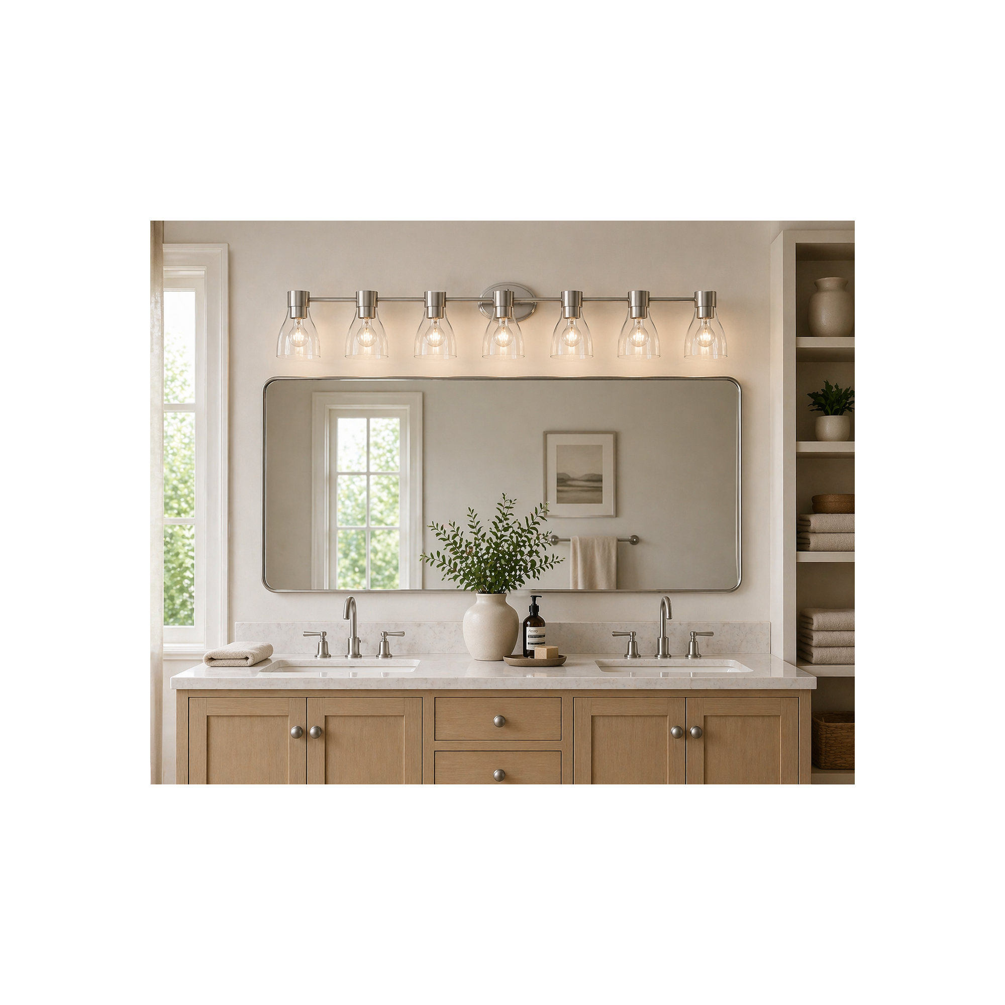 3-Light Brushed Brass Vanity Light with Clear Glass Shades, Brushed Nickel, 6
