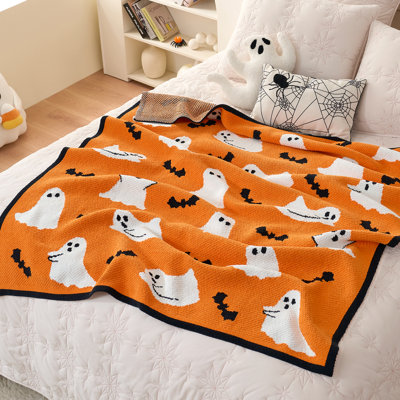 Halloween Orange&White Ghost Bat Chenille Knit Throw Blanket