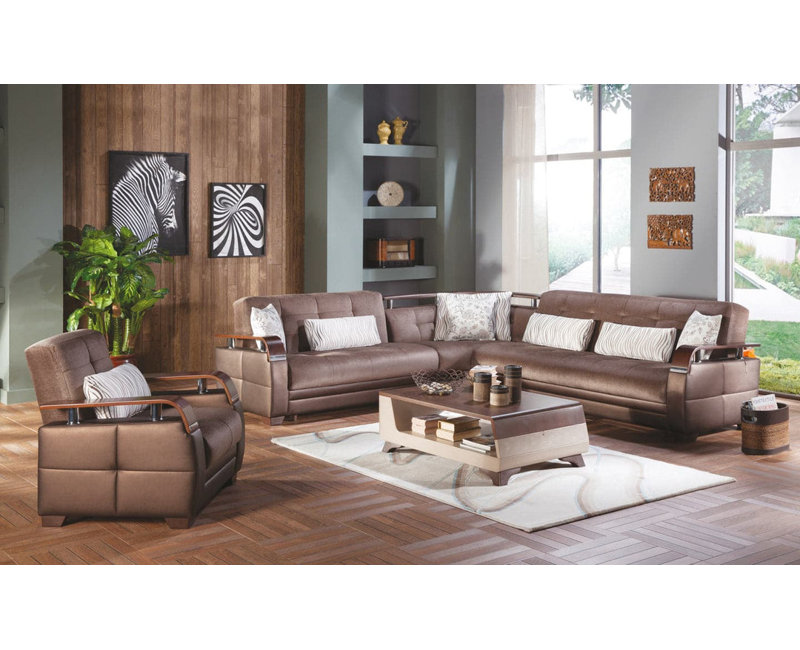 Filoteo Upholstered L-Shaped Sectional Reversible, Prestige Brown 100% Polyester