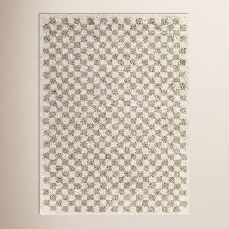 Walker Beige Checkered Shag Area Rug, Rectangle 6'7" x 9'
