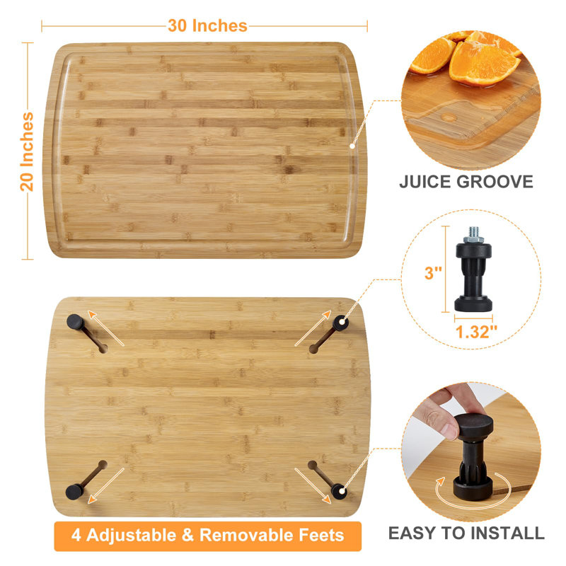Planche à découper et plaque de cuisson en bambou carbonisé (planche à pâtes), 30 x 20 po - Protecteur de comptoir très épais - Pieds antidérapants amovibles - Rainure à jus - Pieds résistants à la chaleur pour cuisinière électrique / à gaz