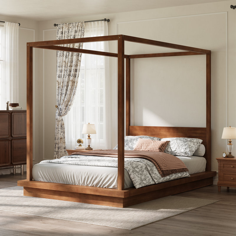 Grand lit plateforme à baldaquin en bois avec tête de lit, brun, Queen
