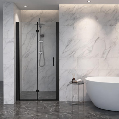 Porte de douche pliante de 71 cm x 183 cm avec cadre en aluminium noir mat, verre trempé et pellicule anti-explosion