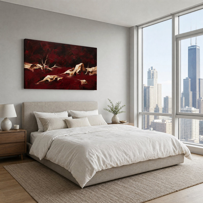Toile abstraite abstraite rouge foncé et crème empâtement texturé, L 58 po x H 28 po