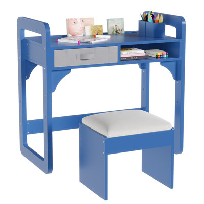 Kids Wooden Desk and Chair Set with Cloth Drawer and Pen Holder, Adjustable Study and Writing Table for Boys and Girls by Latitude Run