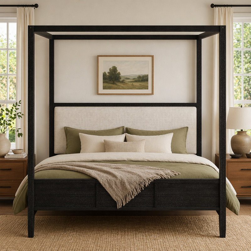 Lit plateforme à baldaquin en bois avec tête de lit tapissier, Noir, Très grand lit