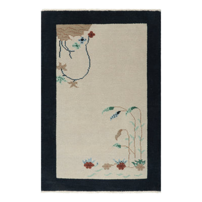 Rug & Kilim’S Chinese Deco Rug In White With Floral Patterns And Navy Border