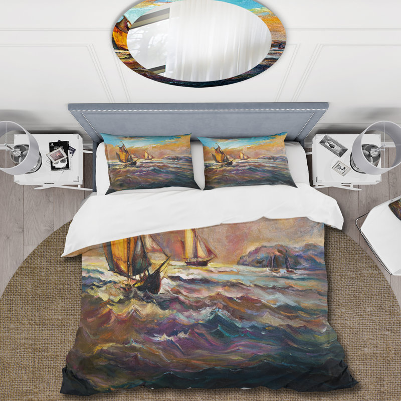 Bateaux sur l'océan pendant le coucher du soleil II - ensemble de housse de couette nautique - microfibre de polyester