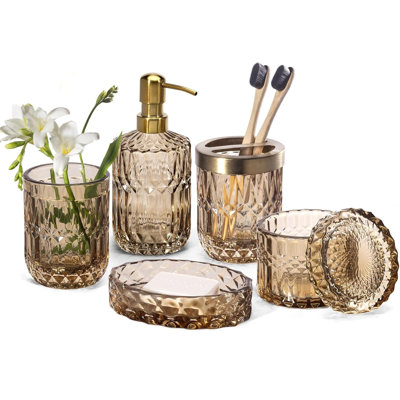 Ensemble de 6 accessoires de salle de bain en verre transparent, style vintage moderne