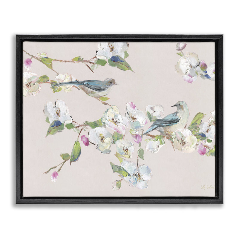 Fleurs et oiseaux doux au printemps, Cadre flottant noir de jais, H 25 po x l 31 po