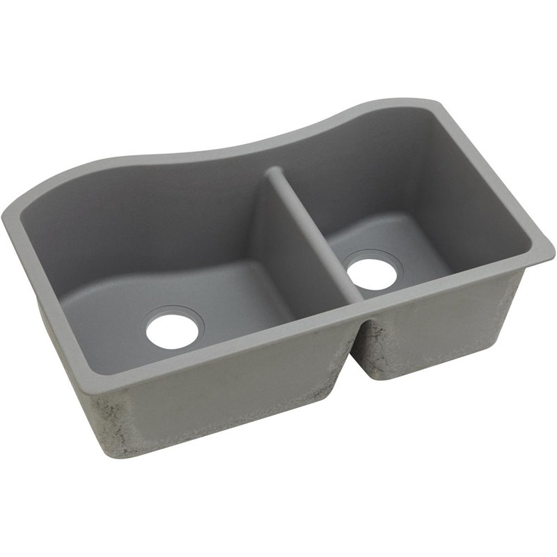 Quartz Classic 32-1/2" x 20" x 10" Double Basin Undermount Kitchen Sink, Greystone