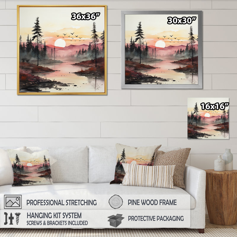 Pink Sunset Over Lake River - Landscapes Canvas Prints, H 36 po x l 36 po x P 1,5 po, Cadre flottant noir