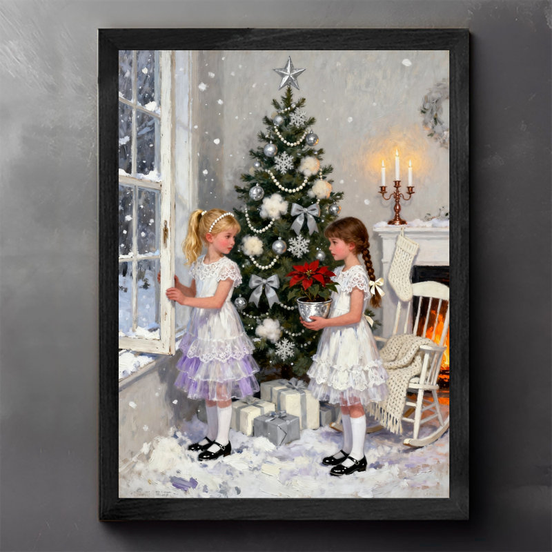 Filles de Noël rétro encadrées noires jouant et gambadant des impressions encadrées de style rétro, H 17 po x l 13 po