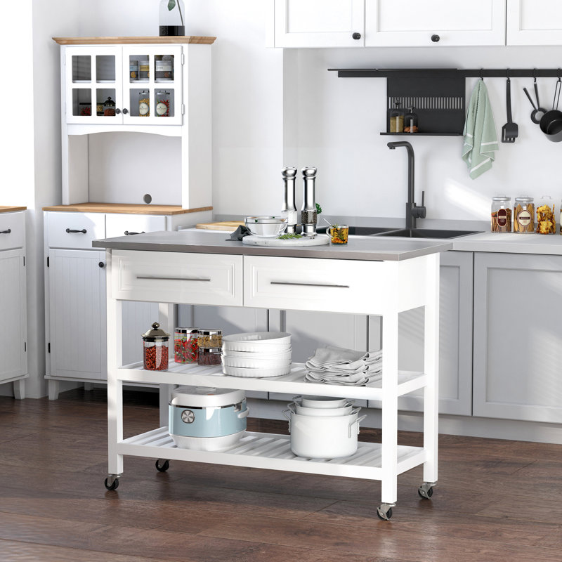 Kitchen Trolley With Stainless Steel Top, Rustic Style, Grey, 2 Lower Shelves And Drawers For Storage Island Shelves, Top Theme, Extra Organization