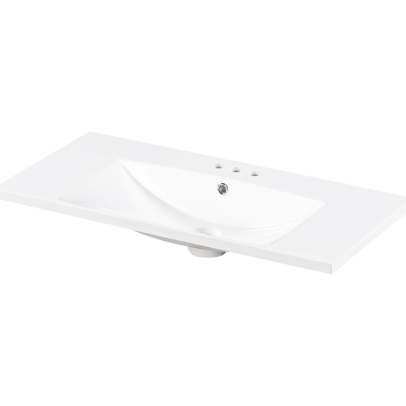 Lavabo de salle de bain rectangulaire 36 po x 18 po, comptoir de meuble-lavabo blanc à 3 trous, convenant à un robinet central de 4 po, lavabo en résine de qualité exceptionnelle et durable, résistance supérieure