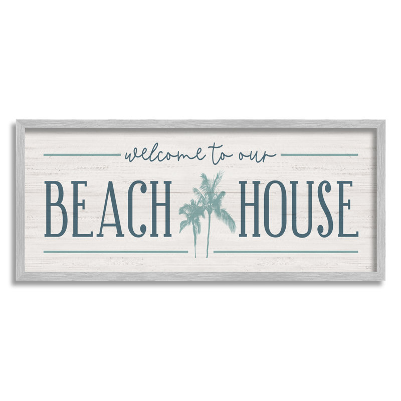 «Welcome to Beach House», panneau de palmiers bleus par Natalie Carpentieri - Art textuel, H 13 po x l 30 po x P 1,5 po