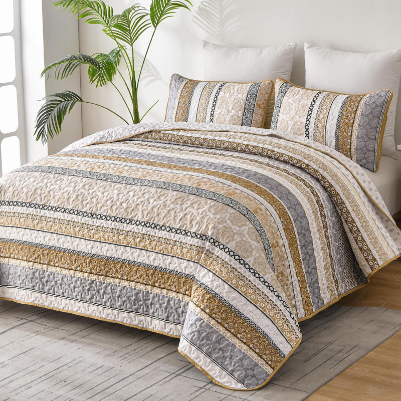Ensemble de courtepointe 3 pièces Boho, Courtepointe pour lit grand + deux taies décorati, Brun