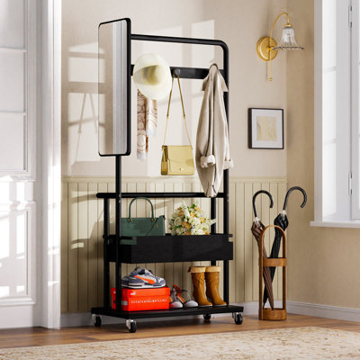 Portemanteau mobile 3 en 1 avec roulettes, miroir et panier de rangement, brun rustique et noir, L 27,6 po x l 15,7 po x H 67 po