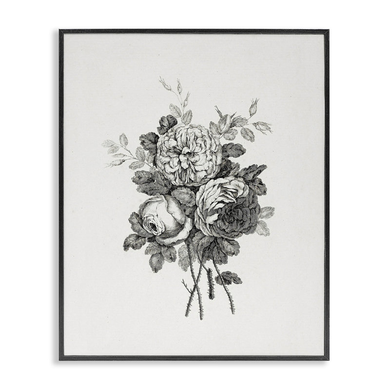 Fleurs mixtes monochromes, estampe numérique, design par lettré et doublé, Giclée encadrée noir minuit, H 14 po x l 11 po