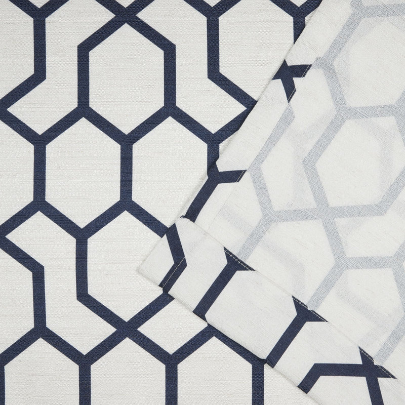 Indigo Blue Geometric Print Linen Blend Rod Pocket Drapes, 54" x 84"