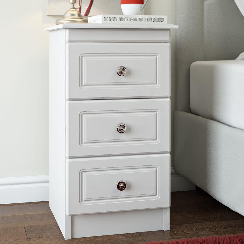 Fully Assembled Argyle 3 Drawer Bedside Table, White Matt