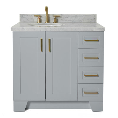 Meuble-lavabo simple en bois massif 37 po gris Freitas avec plateau en marbre de Carrare 1,5 po, évier gauche, lavabo ovale