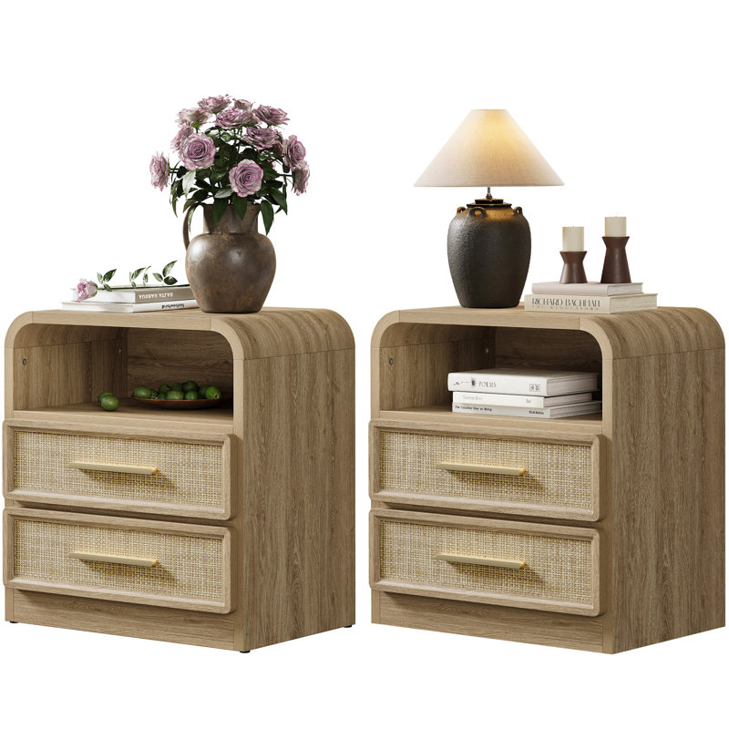 Curved Edge Rattan Drawer Nightstand With  2-Drawer And 1 Open Shelf Storage (Set of 2)