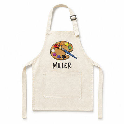  Kids Art Apron, Personalized with Custom Name, Natural Linen with Rainbow Paint Palette Artwork for Little Artists, Apron for Class, Boys and Girls, Adjustable Neck Strap, 15 x 20 Inches