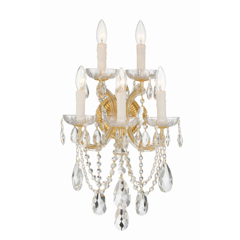 Bohemian 5 Light Crystal Candle Wall Sconce, Gold, Majestic Wood Polished
