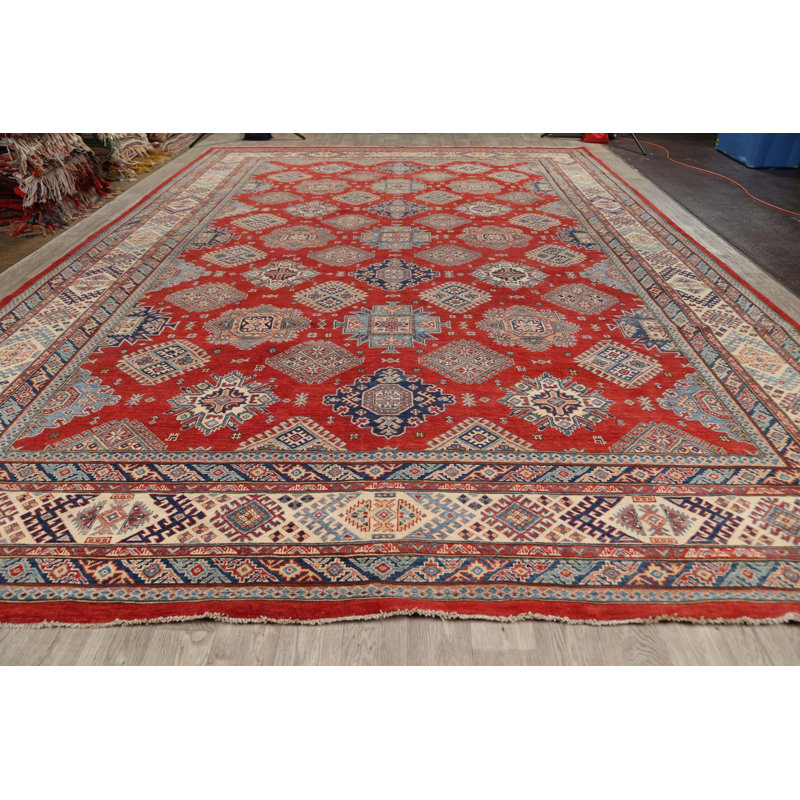Tapis rouge / bleu / beige en laine noué à la main de conception unique 12 pi x 17 pi 2 po New Age