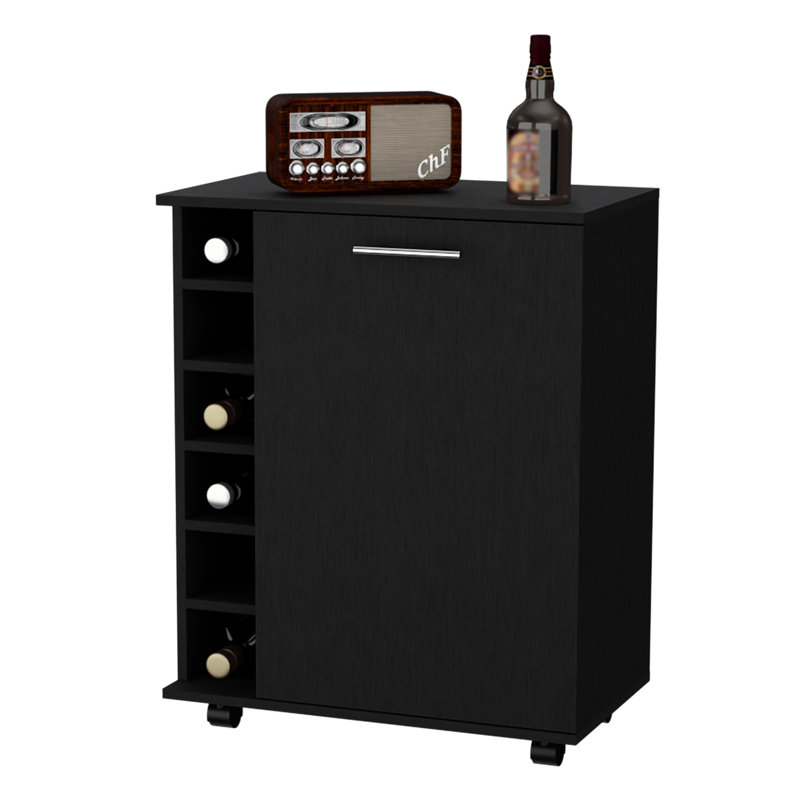Chariot-bar noir avec 6 supports et plateau décoratif de cuisine intégré