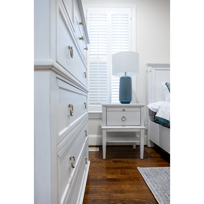 Point Breeze - 1 Drawer Nightstand with Jewelry Tray, Shelf, Power Strip, USB-A and USB-C Port - Fresh White with Soft Grey Glaze Finish