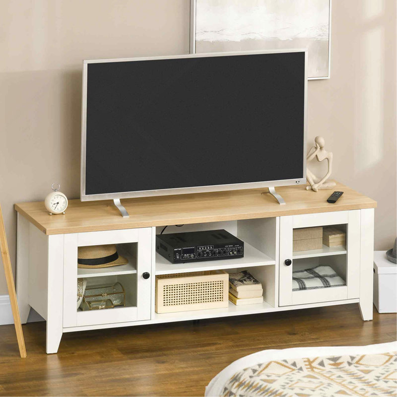 Meuble télé moderne, meuble télé avec tablettes et armoires pour téléviseur à écran plat jusqu'à 60 pouces, blanc