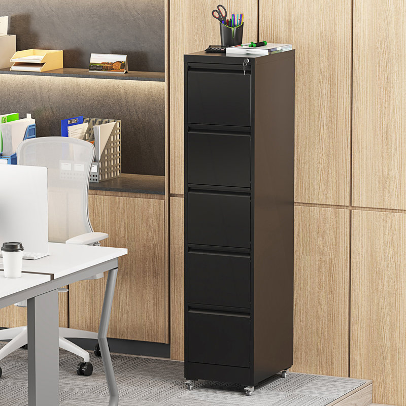 5 Drawer Metal Vertical File Cabinet With Lock On Wheels, Living Room Cabinet, Black