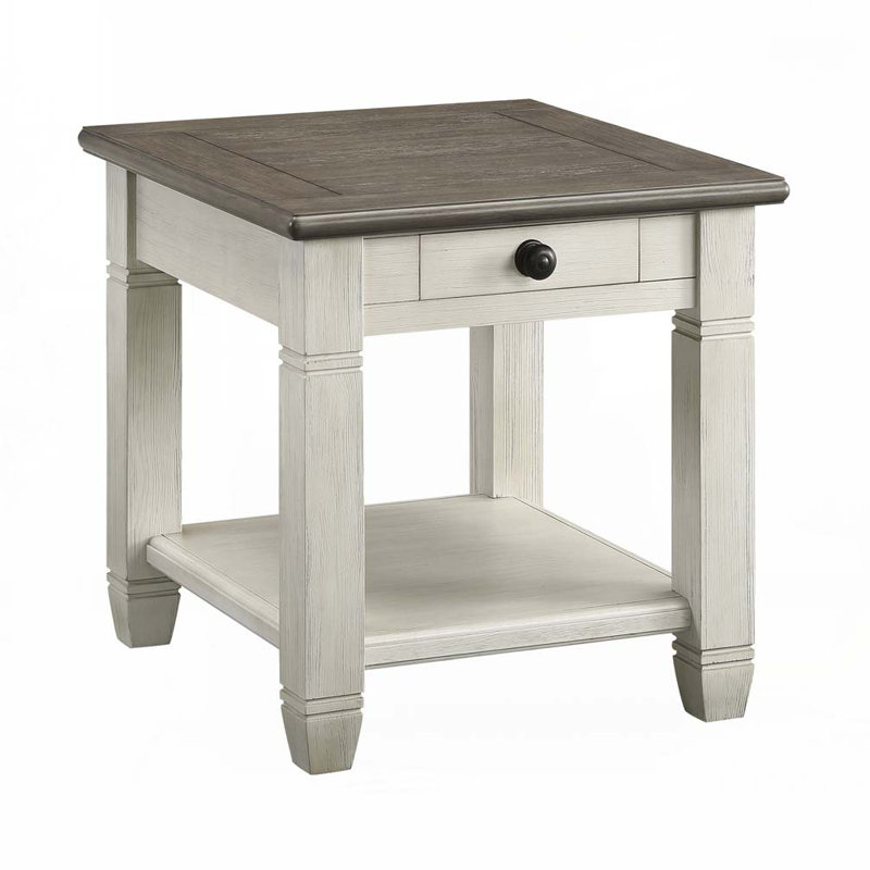 Table basse en bois avec tablette de plancher et 1 tiroir, Plateau brun rosé / base blanc antique