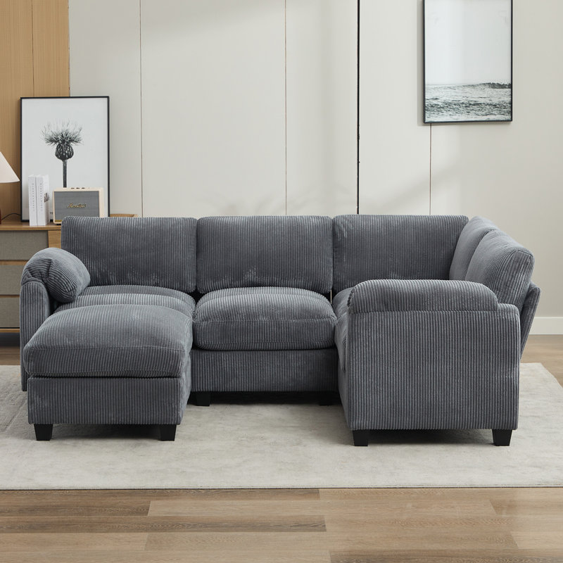 Canapé modulaire réversible 5 pièces avec repose-pieds 5 pièces, Velours côtelé gris foncé