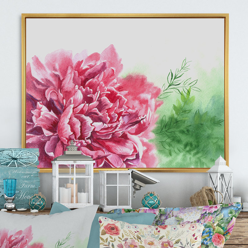 Aquarelle, pivoines roses III - reproduction sur toile flottante, H 16 po x l 32 po x P 1 po, Cadre flottant doré