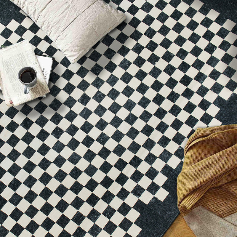 Contemporary Checkered Border Washable Non Slip Area Rug, Runner 2' x 10'