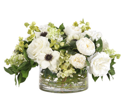 Anémone rose, blanc et vert, bol en verre, l 19 x l 19 x 12