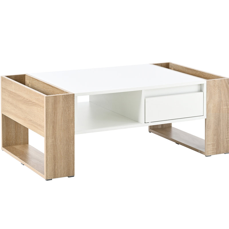 Table basse haute brillance pour espace de vie - 2 tiroirs, tablette ouverte, blanc 41,3 x 23,6 élégant avec tablette et rangement caché 41,3 x 23,6 po blanc, brillant salon, chambre à coucher