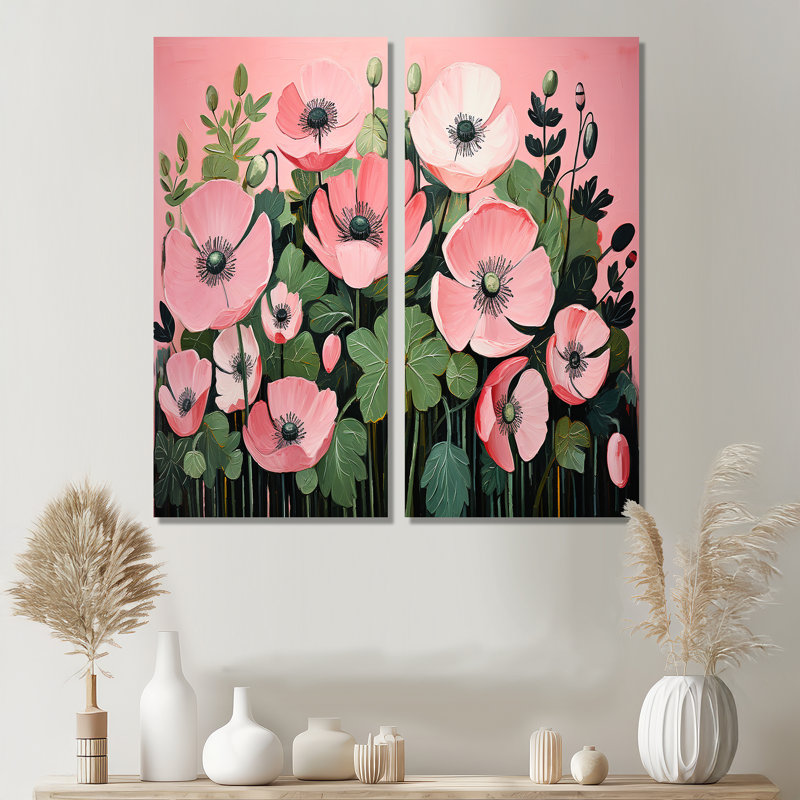 Minimalisme rose et vert coquelicots - Art mural traditionnel, 40" H x 40" W, Wrapped Canvas, Does Not Apply
