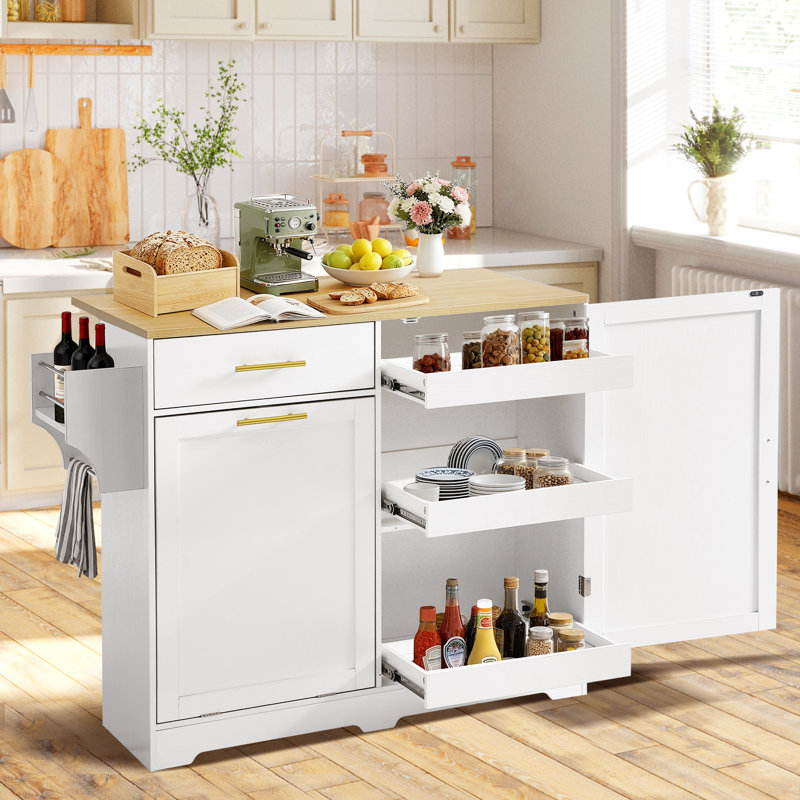 48.4" Kitchen Island With Drop Leaf And Storage Cabinet, Mobile Kitchen Rolling Bar Cart With Trash Can Cabinet And Drawer, Modern Island Table For Kitchen With Spice Rack And Towel Rack, White