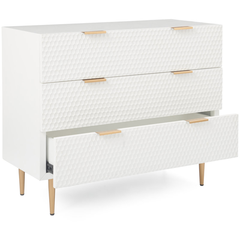 Jolie Contemporary 3-Drawer Dresser with Textured Drawer Fronts and Gold Metal Accents, White