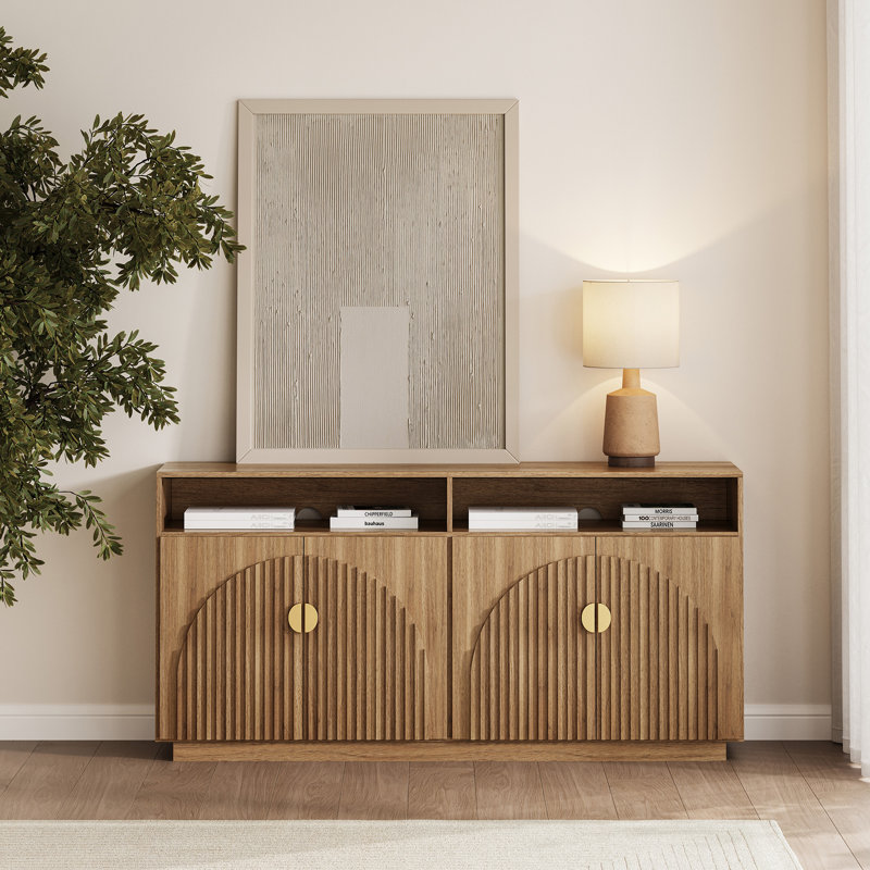 65 Inch Fluted TV Stand, Mid Century Modern Entertainment Centre with Storage Cabinets & Open Shelves, Media Console TV Cabinet