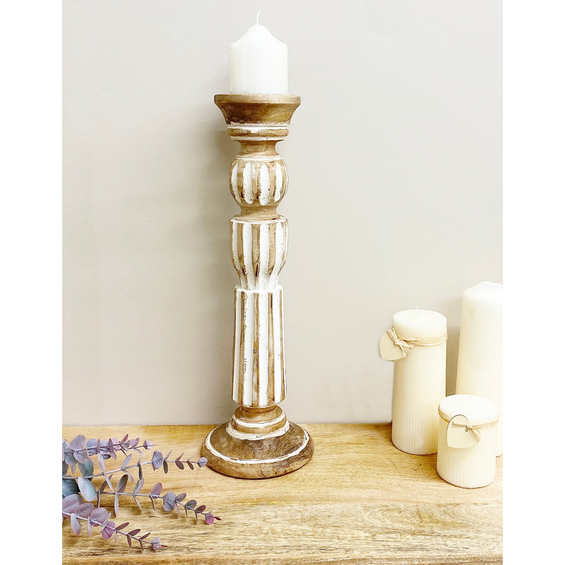 Wood Tabletop Candlestick with Candle Included, Brown, 45cm H x 15cm W x 15cm D