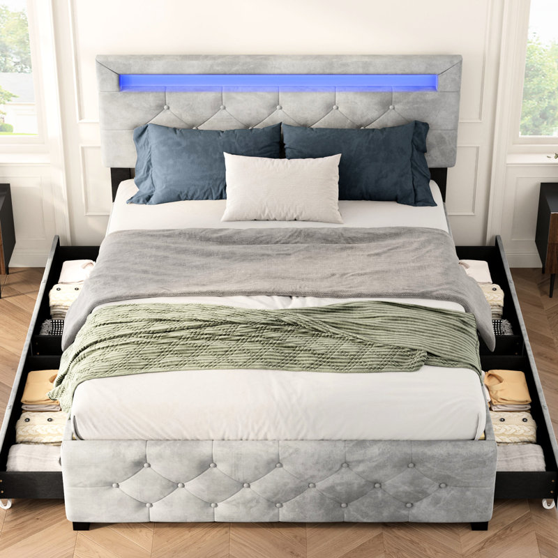 Full Size Upholstered Platform Bed Frame With 4 Drawers And Led, No Box Spring Needed, Grey Velvet, Metal For Bedroom Use Led , Required, Velvet Upholstered, Robust Construction,