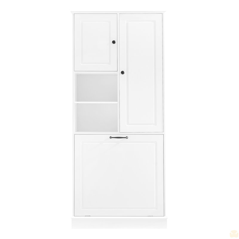 Grande armoire de rangement avec tablettes réglables, grand panier rabattable et armoires fermées, Blanc