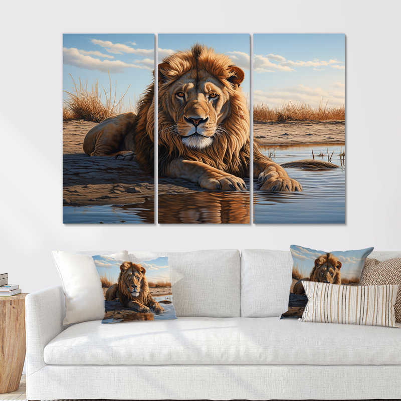 Lion se reposant au bord de la piscine d'eau, Toile tendue, H 40 po x l 60 po x P 1 po
